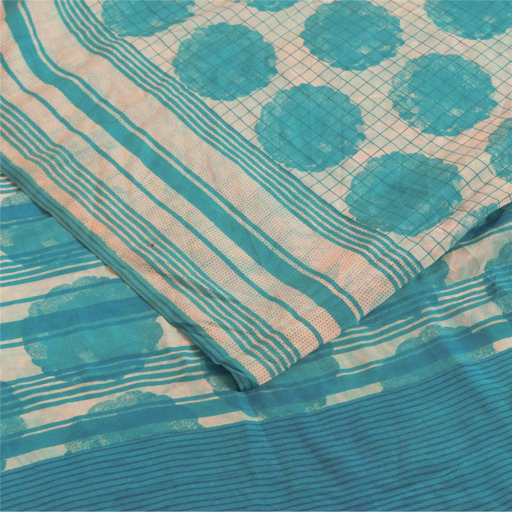 Sanskriti Vintage Sarees Ivory & Blue Pure Crepe Printed Sari 5+yd Craft Fabric
