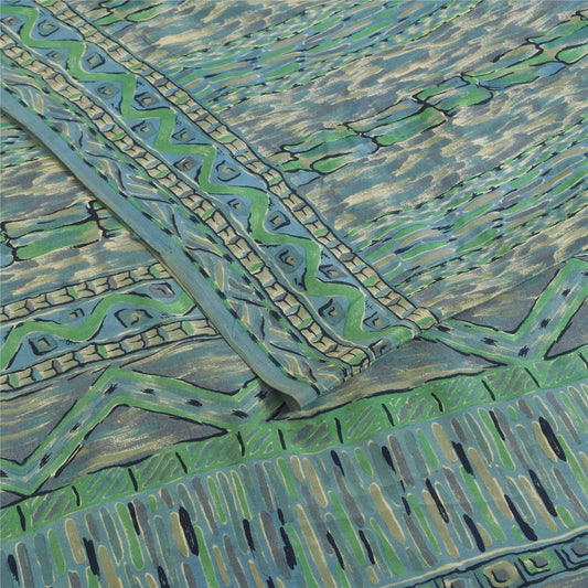 Sanskriti Vintage Sarees Green & Blue Pure Crepe Printed Sari 6+yd Craft Fabric