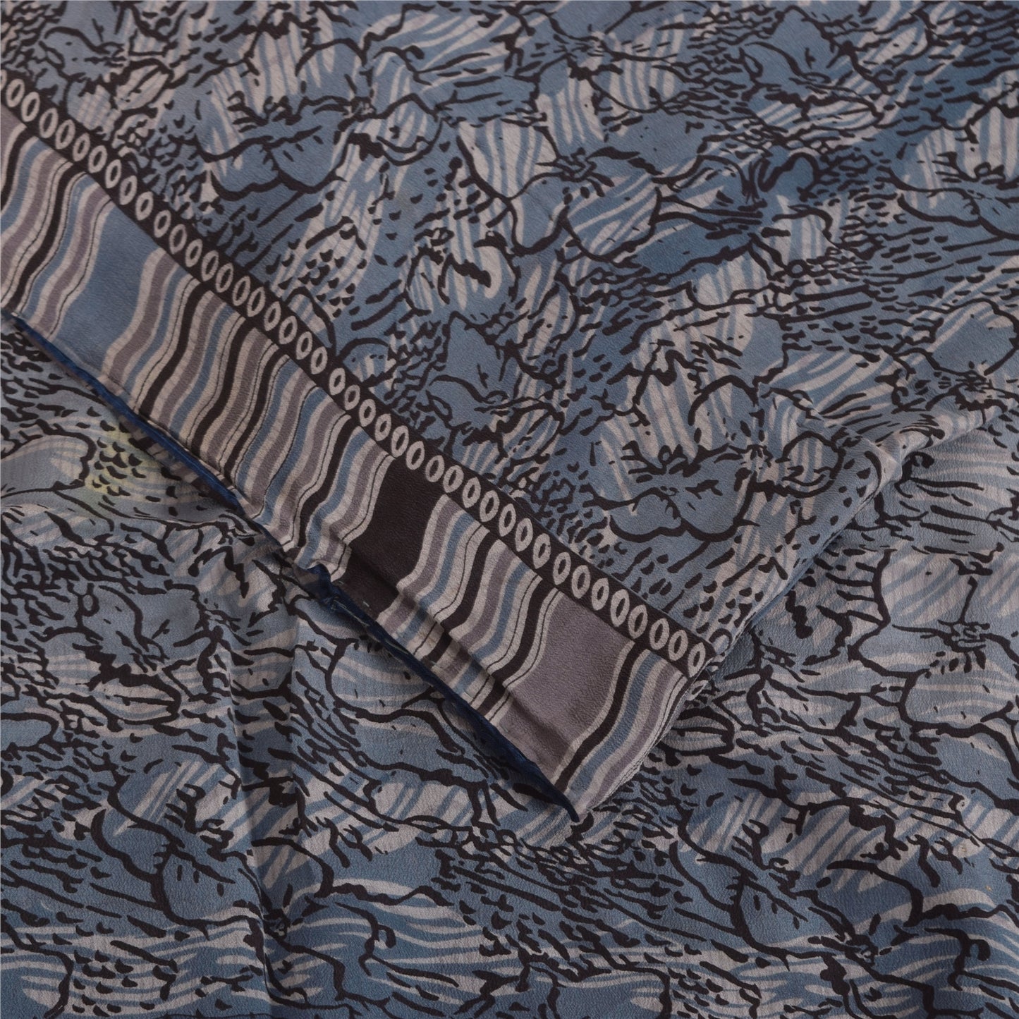 Sanskriti Vintage Sarees Grayish Blue Pure Crepe Floral Printed Sari 5+yd Fabric