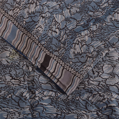 Sanskriti Vintage Sarees Grayish Blue Pure Crepe Floral Printed Sari 5+yd Fabric