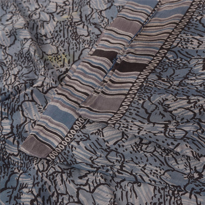 Sanskriti Vintage Sarees Grayish Blue Pure Crepe Floral Printed Sari 5+yd Fabric