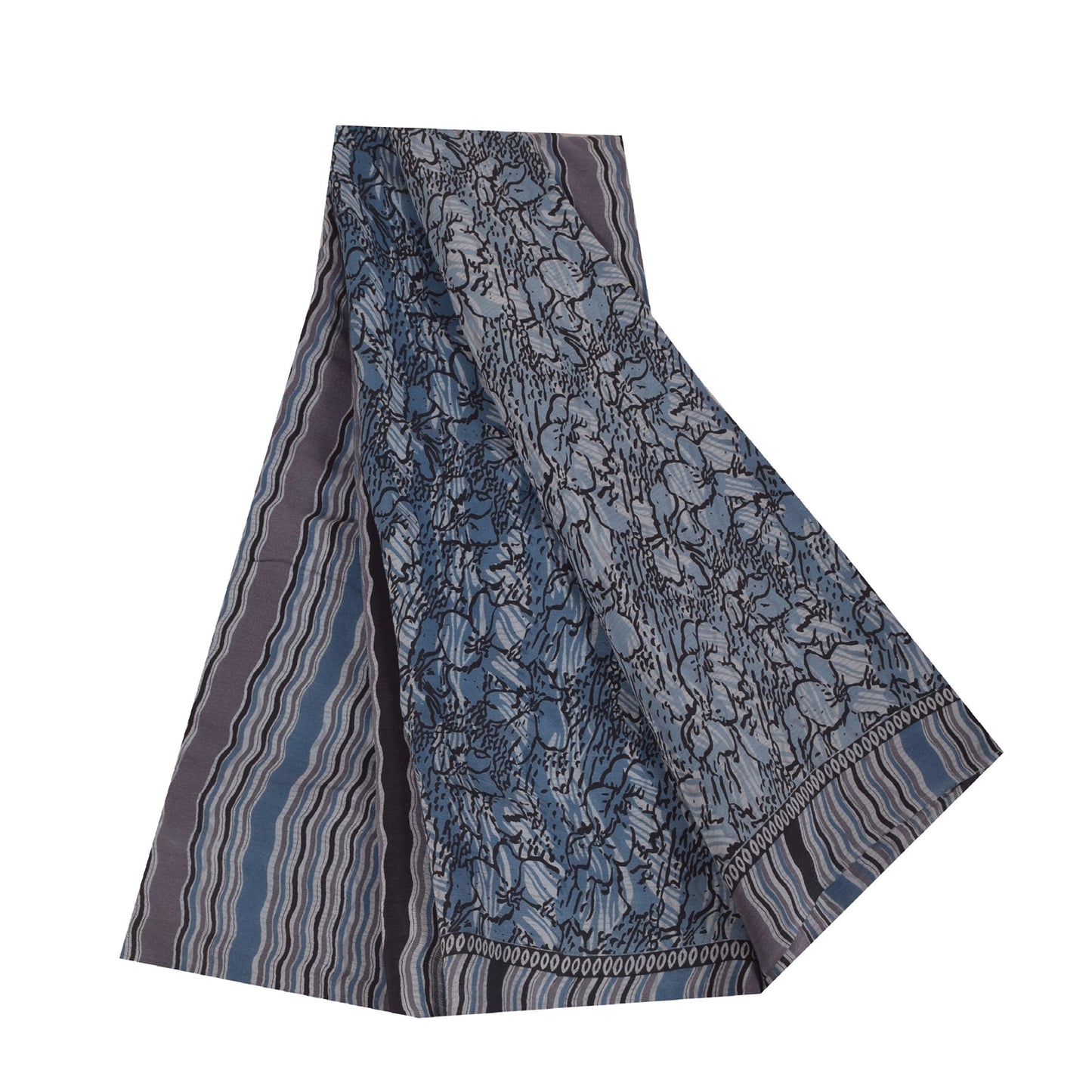 Sanskriti Vintage Sarees Grayish Blue Pure Crepe Floral Printed Sari 5+yd Fabric