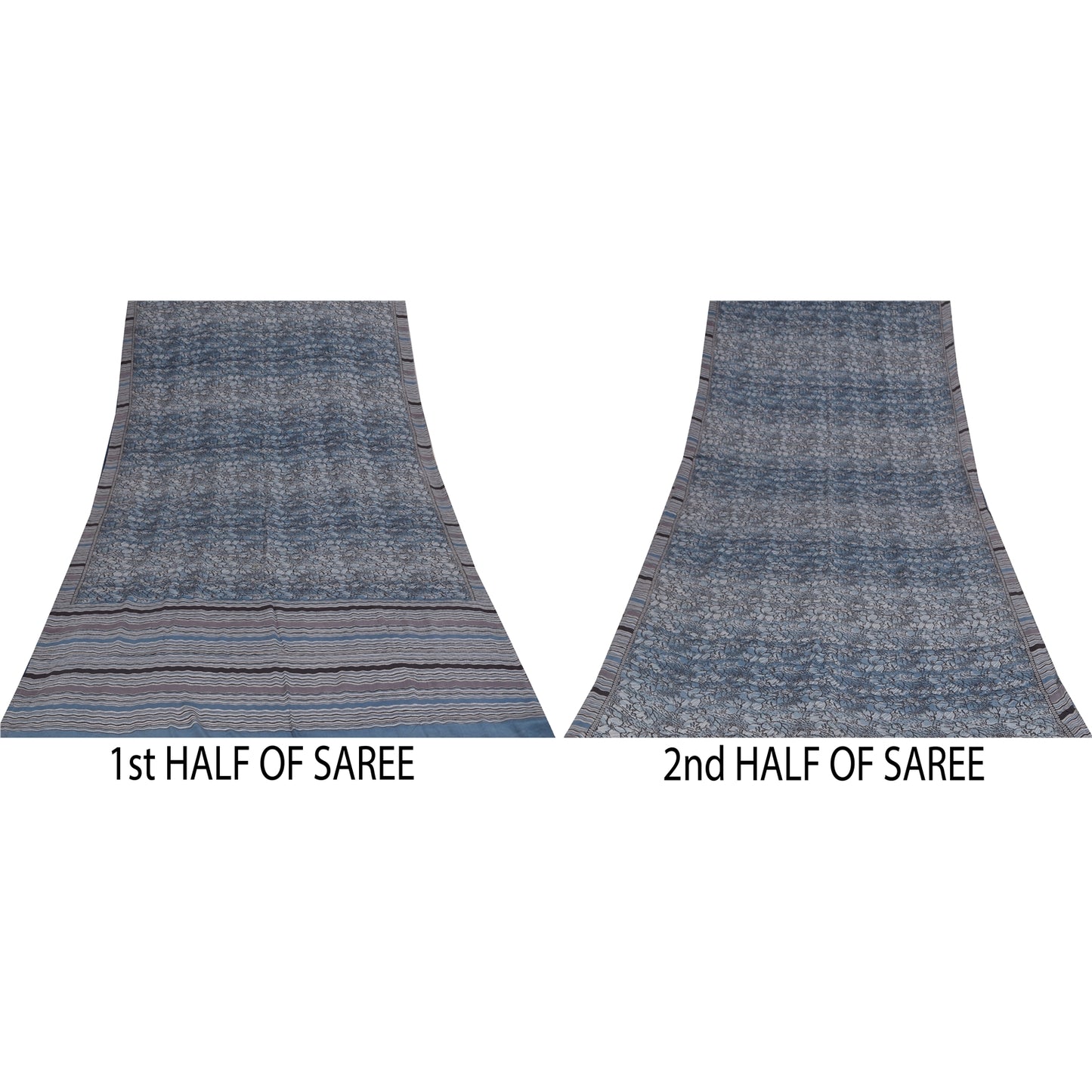 Sanskriti Vintage Sarees Grayish Blue Pure Crepe Floral Printed Sari 5+yd Fabric