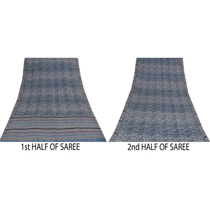 Sanskriti Vintage Sarees Grayish Blue Pure Crepe Floral Printed Sari 5+yd Fabric