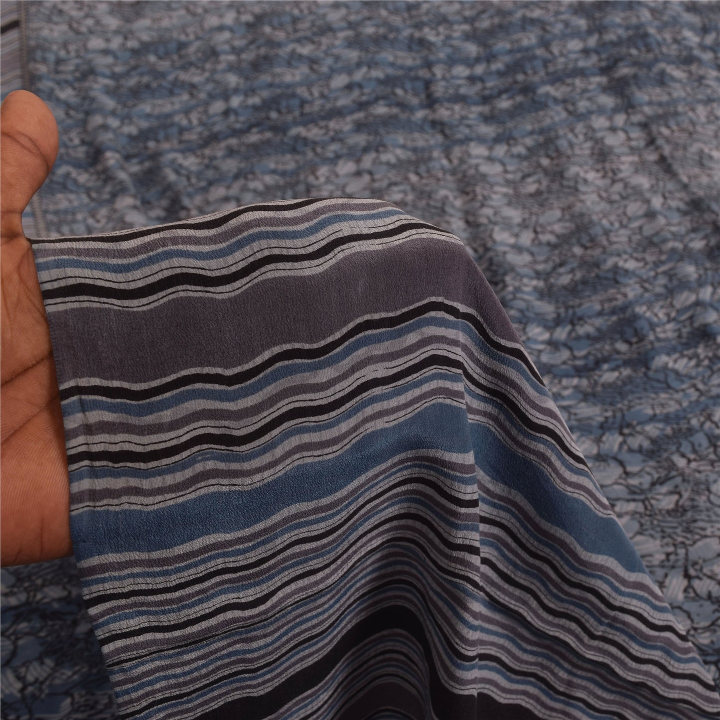 Sanskriti Vintage Sarees Grayish Blue Pure Crepe Floral Printed Sari 5+yd Fabric