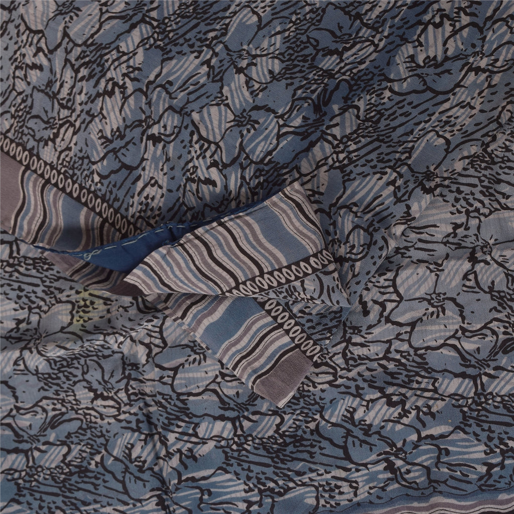 Sanskriti Vintage Sarees Grayish Blue Pure Crepe Floral Printed Sari 5+yd Fabric