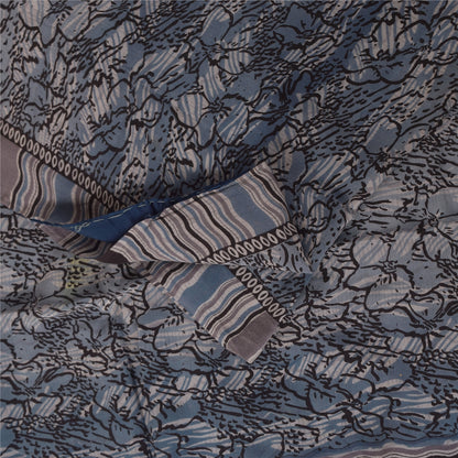Sanskriti Vintage Sarees Grayish Blue Pure Crepe Floral Printed Sari 5+yd Fabric