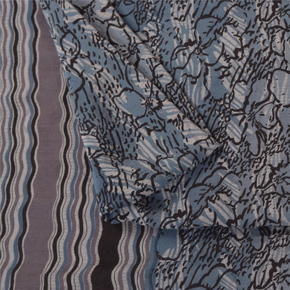 Sanskriti Vintage Sarees Grayish Blue Pure Crepe Floral Printed Sari 5+yd Fabric