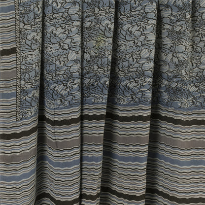 Sanskriti Vintage Sarees Grayish Blue Pure Crepe Floral Printed Sari 5+yd Fabric