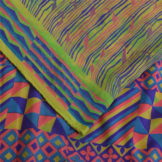 Sanskriti Vintage Sarees Multicolor Pure Crepe Silk Print Sari 5+yd Craft Fabric