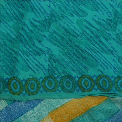 Sanskriti Vintage Sarees Blue 100%Pure Crepe Silk Printed Sari 5+yd Craft Fabric