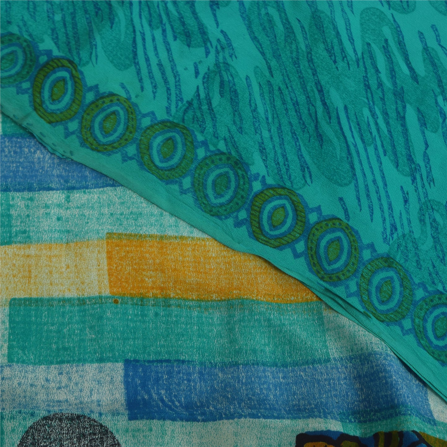 Sanskriti Vintage Sarees Blue 100%Pure Crepe Silk Printed Sari 5+yd Craft Fabric