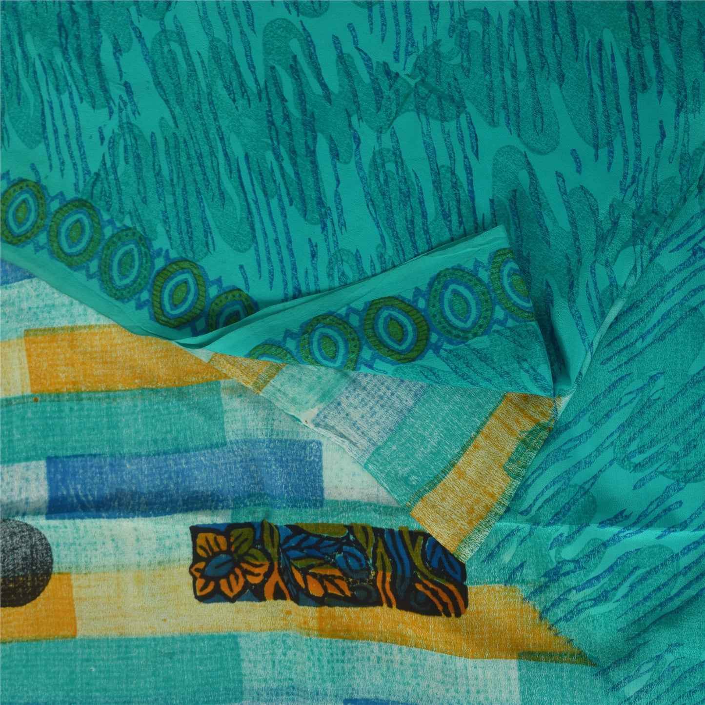 Sanskriti Vintage Sarees Blue 100%Pure Crepe Silk Printed Sari 5+yd Craft Fabric