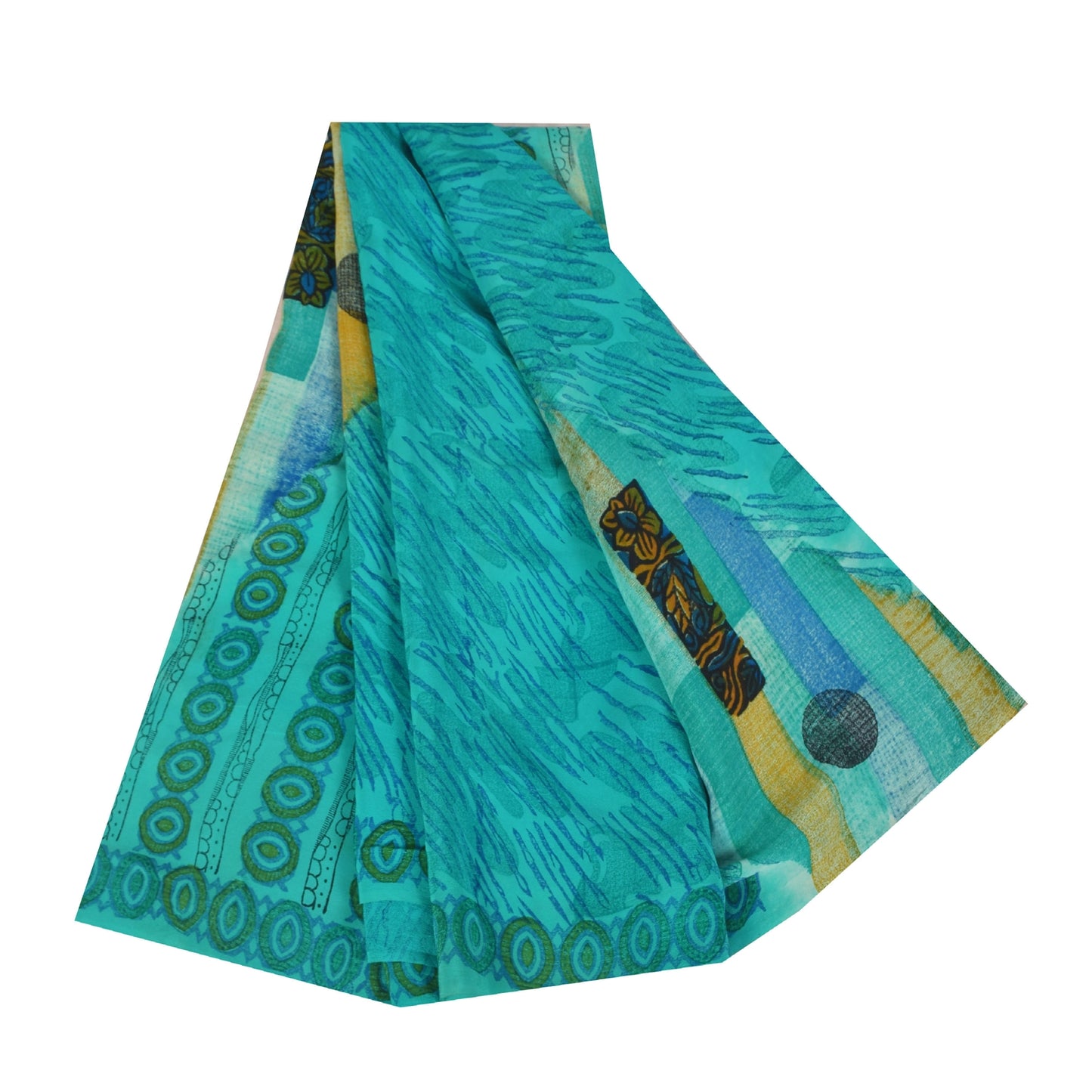 Sanskriti Vintage Sarees Blue 100%Pure Crepe Silk Printed Sari 5+yd Craft Fabric