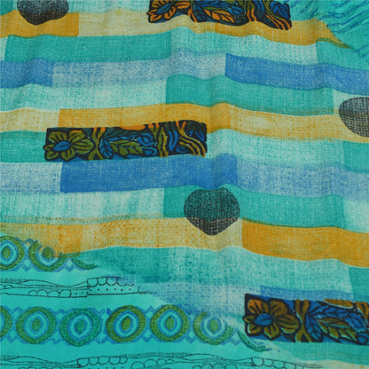Sanskriti Vintage Sarees Blue 100%Pure Crepe Silk Printed Sari 5+yd Craft Fabric