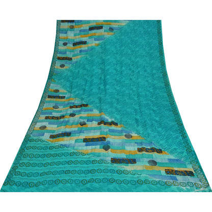 Sanskriti Vintage Sarees Blue 100%Pure Crepe Silk Printed Sari 5+yd Craft Fabric
