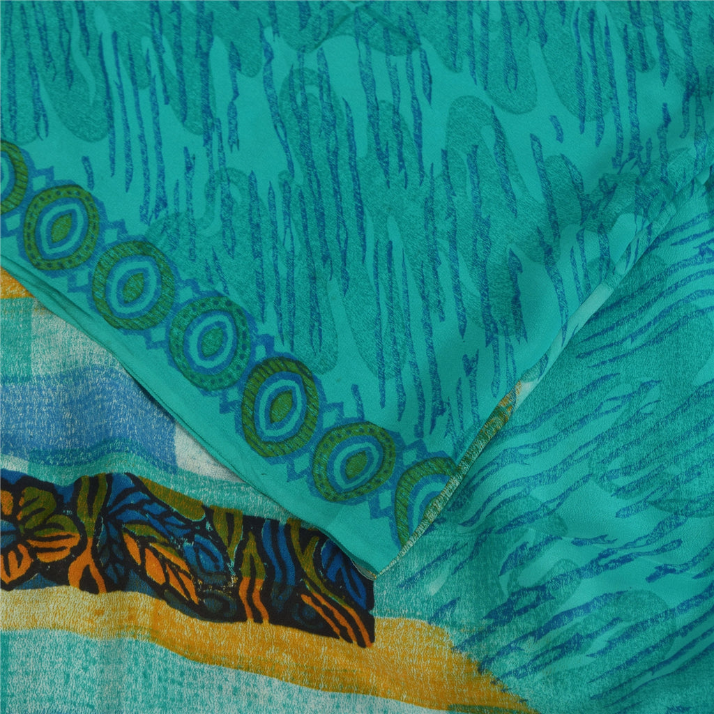 Sanskriti Vintage Sarees Blue 100%Pure Crepe Silk Printed Sari 5+yd Craft Fabric