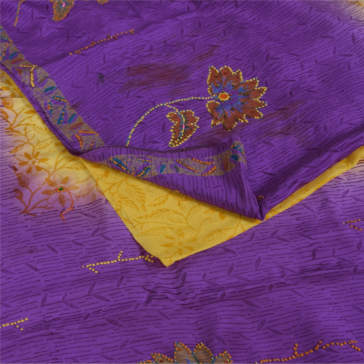 Sanskriti Vintage Sarees Purple & Yellow Pure Crepe Hand Beads Print Sari Fabric