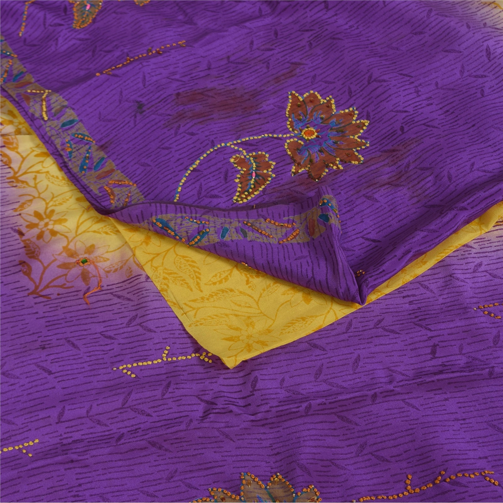 Sanskriti Vintage Sarees Purple & Yellow Pure Crepe Hand Beads Print Sari Fabric