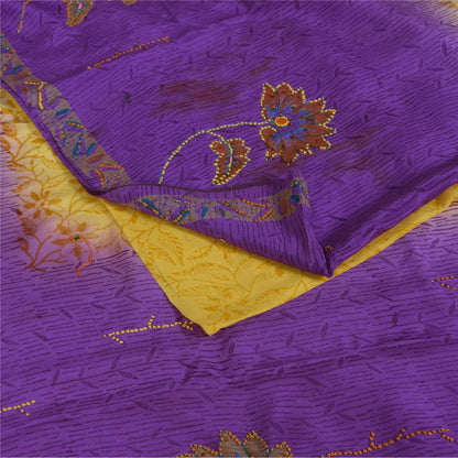 Sanskriti Vintage Sarees Purple & Yellow Pure Crepe Hand Beads Print Sari Fabric