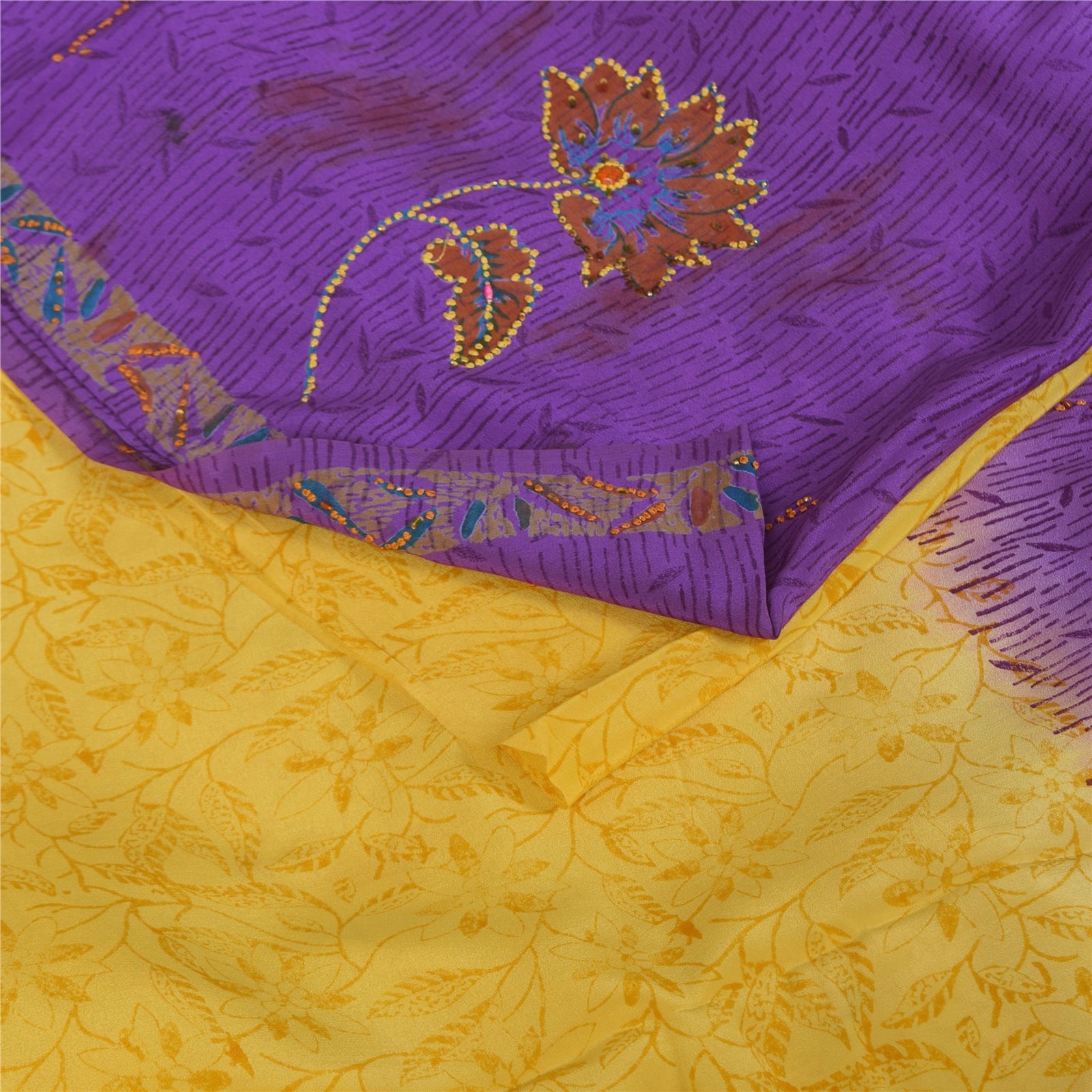 Sanskriti Vintage Sarees Purple & Yellow Pure Crepe Hand Beads Print Sari Fabric