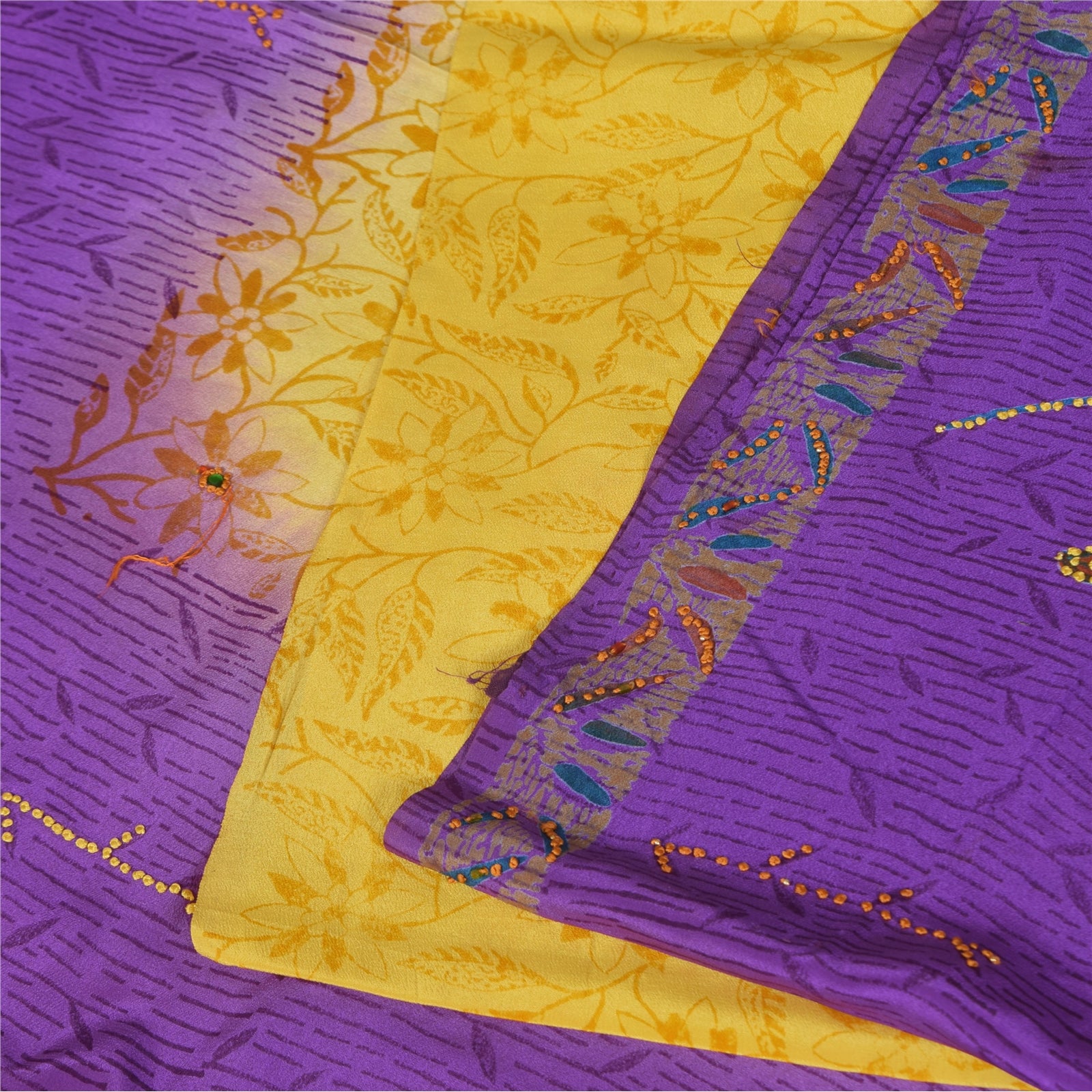 Sanskriti Vintage Sarees Purple & Yellow Pure Crepe Hand Beads Print Sari Fabric