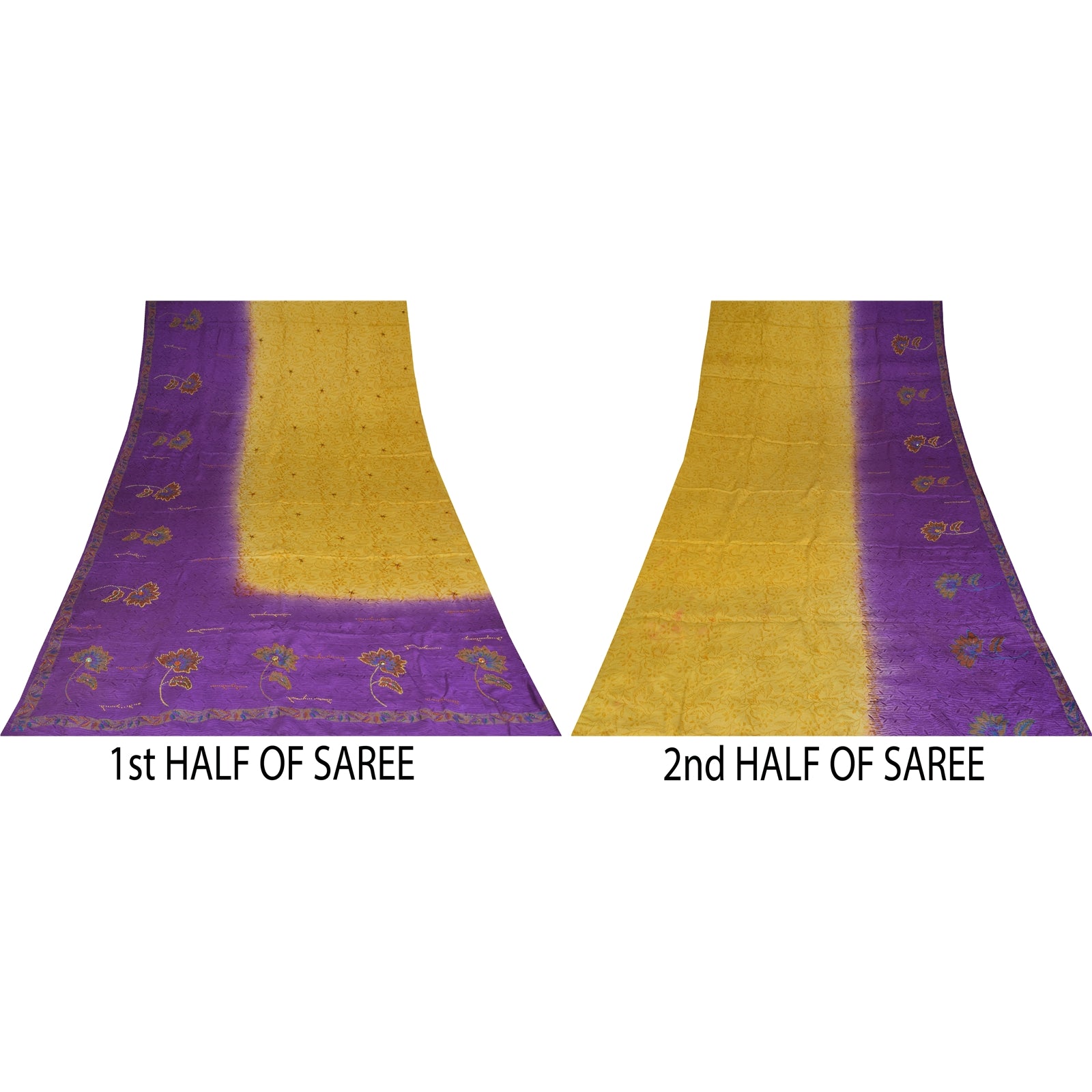 Sanskriti Vintage Sarees Purple & Yellow Pure Crepe Hand Beads Print Sari Fabric