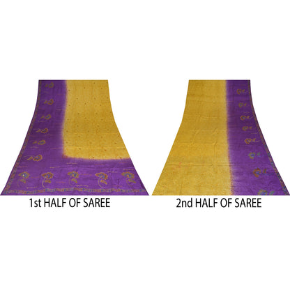 Sanskriti Vintage Sarees Purple & Yellow Pure Crepe Hand Beads Print Sari Fabric
