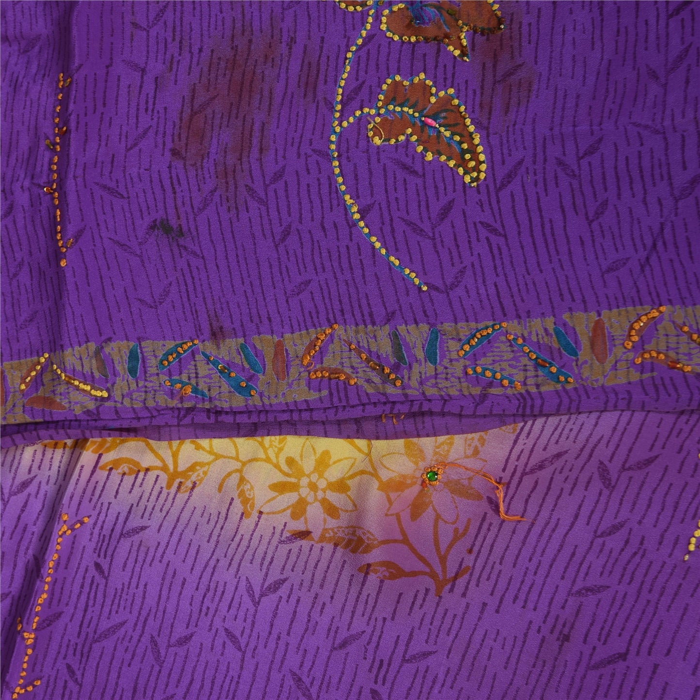 Sanskriti Vintage Sarees Purple & Yellow Pure Crepe Hand Beads Print Sari Fabric