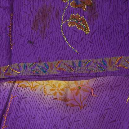 Sanskriti Vintage Sarees Purple & Yellow Pure Crepe Hand Beads Print Sari Fabric