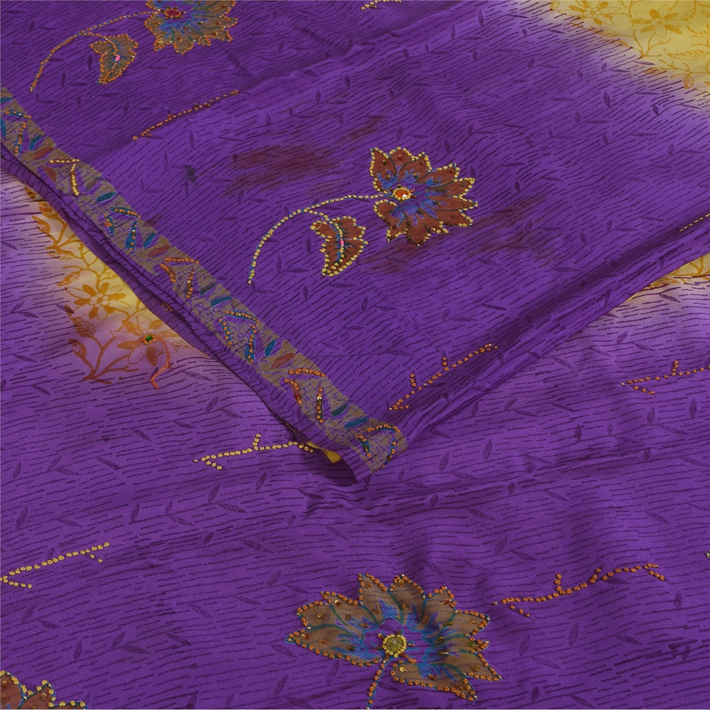 Sanskriti Vintage Sarees Purple & Yellow Pure Crepe Hand Beads Print Sari Fabric