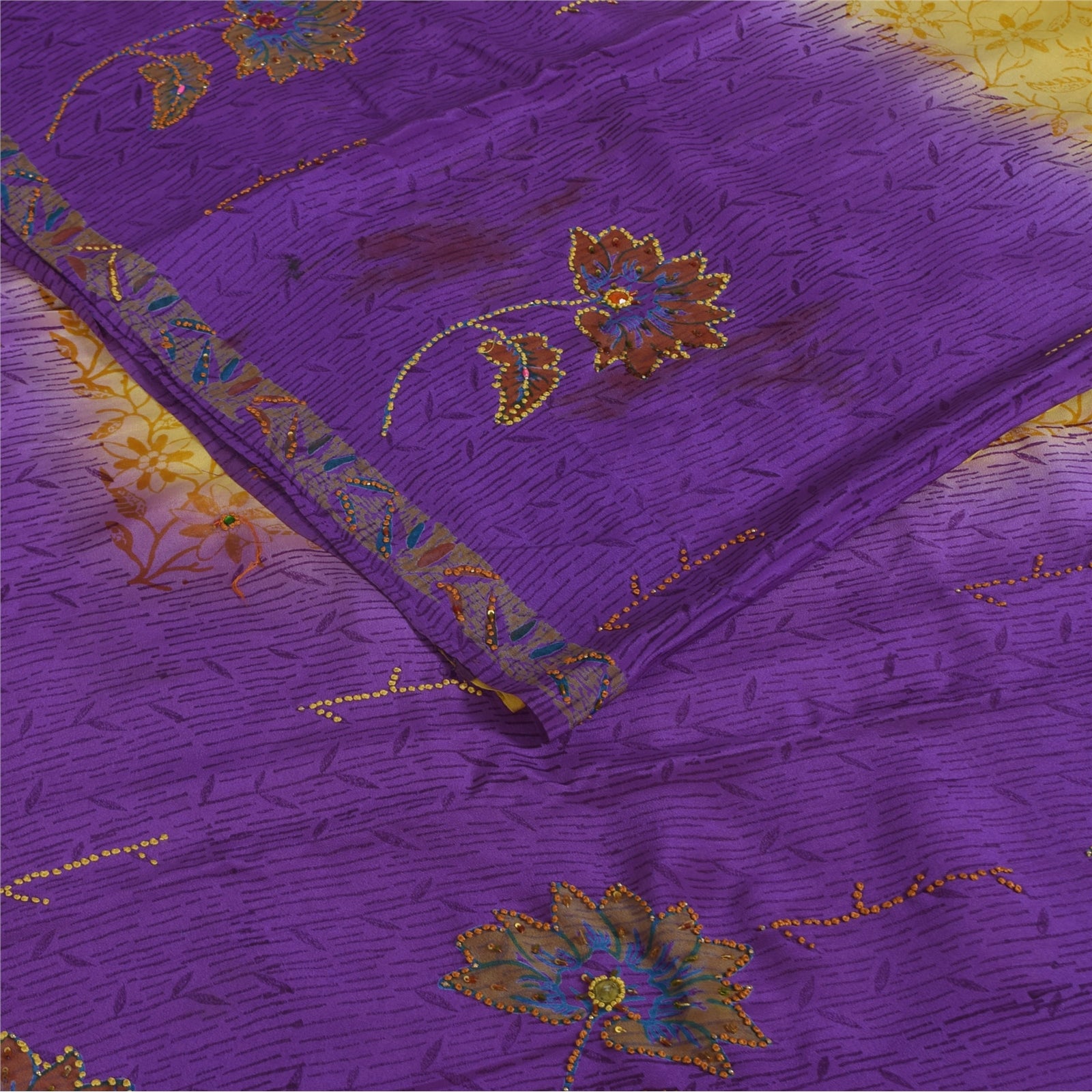 Sanskriti Vintage Sarees Purple & Yellow Pure Crepe Hand Beads Print Sari Fabric