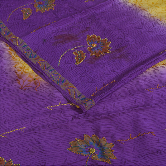 Sanskriti Vintage Sarees Purple & Yellow Pure Crepe Hand Beads Print Sari Fabric