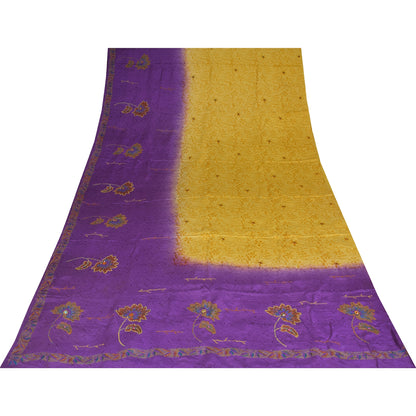 Sanskriti Vintage Sarees Purple & Yellow Pure Crepe Hand Beads Print Sari Fabric