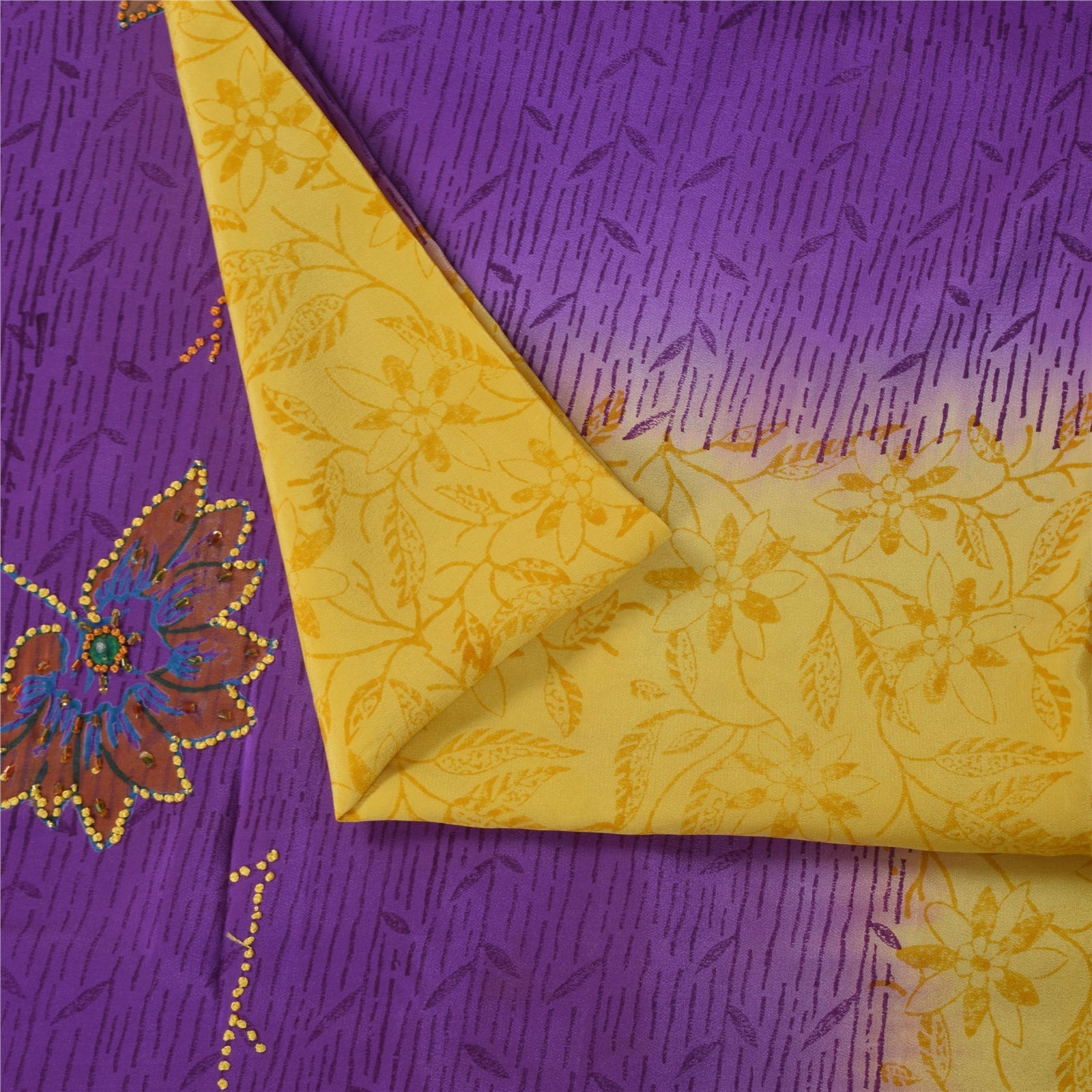 Sanskriti Vintage Sarees Purple & Yellow Pure Crepe Hand Beads Print Sari Fabric