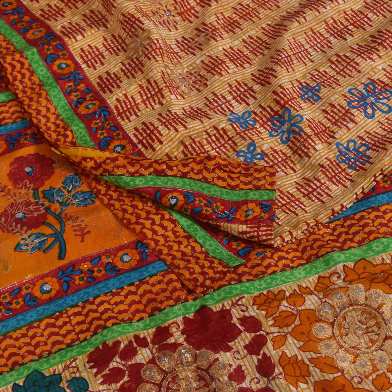 Sanskriti Vintage Sarees Cream Pure Crepe Silk Printed Sari 5+yd Craft Fabric