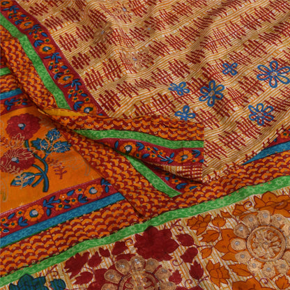 Sanskriti Vintage Sarees Cream Pure Crepe Silk Printed Sari 5+yd Craft Fabric