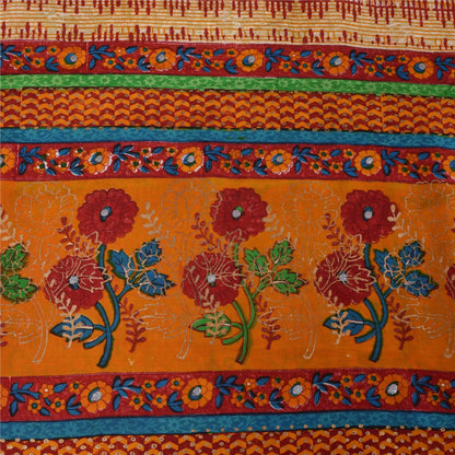 Sanskriti Vintage Sarees Cream Pure Crepe Silk Printed Sari 5+yd Craft Fabric