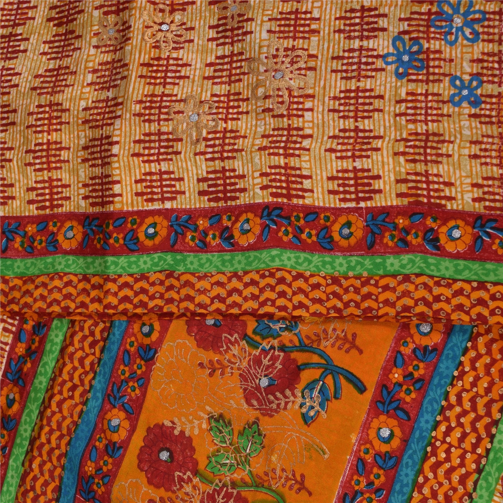 Sanskriti Vintage Sarees Cream Pure Crepe Silk Printed Sari 5+yd Craft Fabric