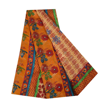 Sanskriti Vintage Sarees Cream Pure Crepe Silk Printed Sari 5+yd Craft Fabric