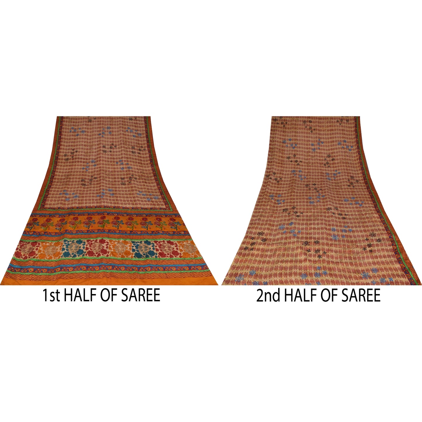 Sanskriti Vintage Sarees Cream Pure Crepe Silk Printed Sari 5+yd Craft Fabric