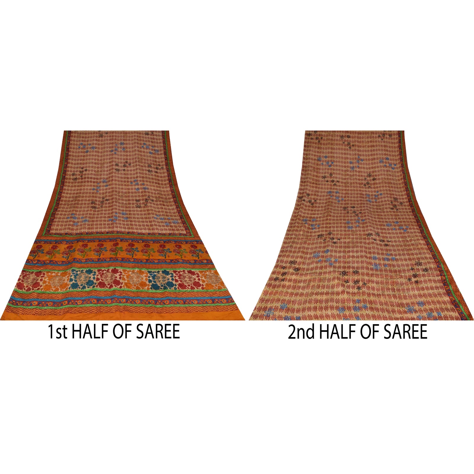 Sanskriti Vintage Sarees Cream Pure Crepe Silk Printed Sari 5+yd Craft Fabric