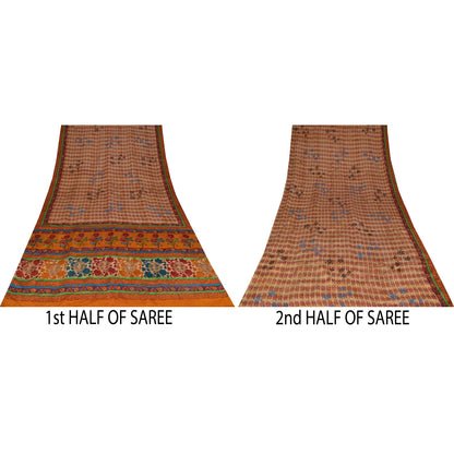 Sanskriti Vintage Sarees Cream Pure Crepe Silk Printed Sari 5+yd Craft Fabric