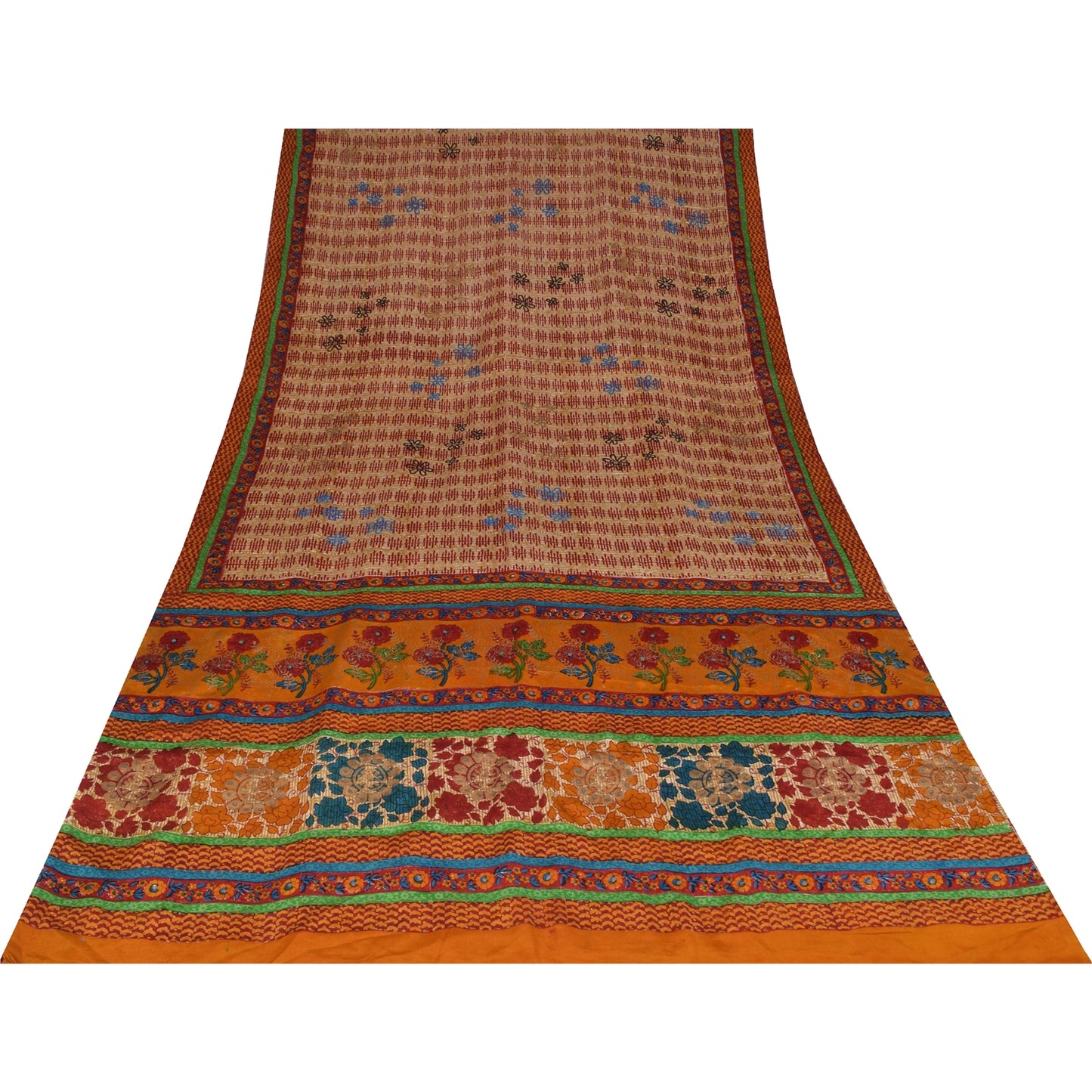 Sanskriti Vintage Sarees Cream Pure Crepe Silk Printed Sari 5+yd Craft Fabric