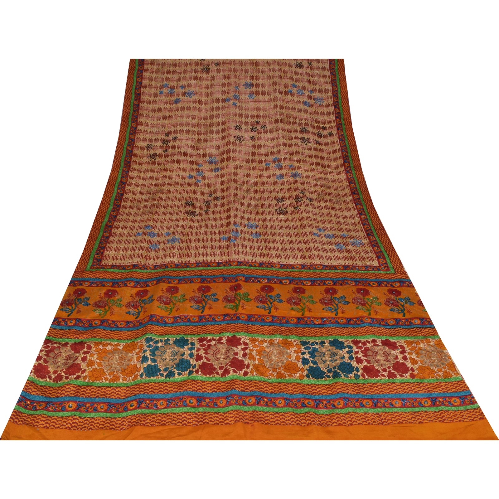 Sanskriti Vintage Sarees Cream Pure Crepe Silk Printed Sari 5+yd Craft Fabric