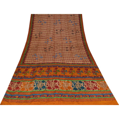 Sanskriti Vintage Sarees Cream Pure Crepe Silk Printed Sari 5+yd Craft Fabric