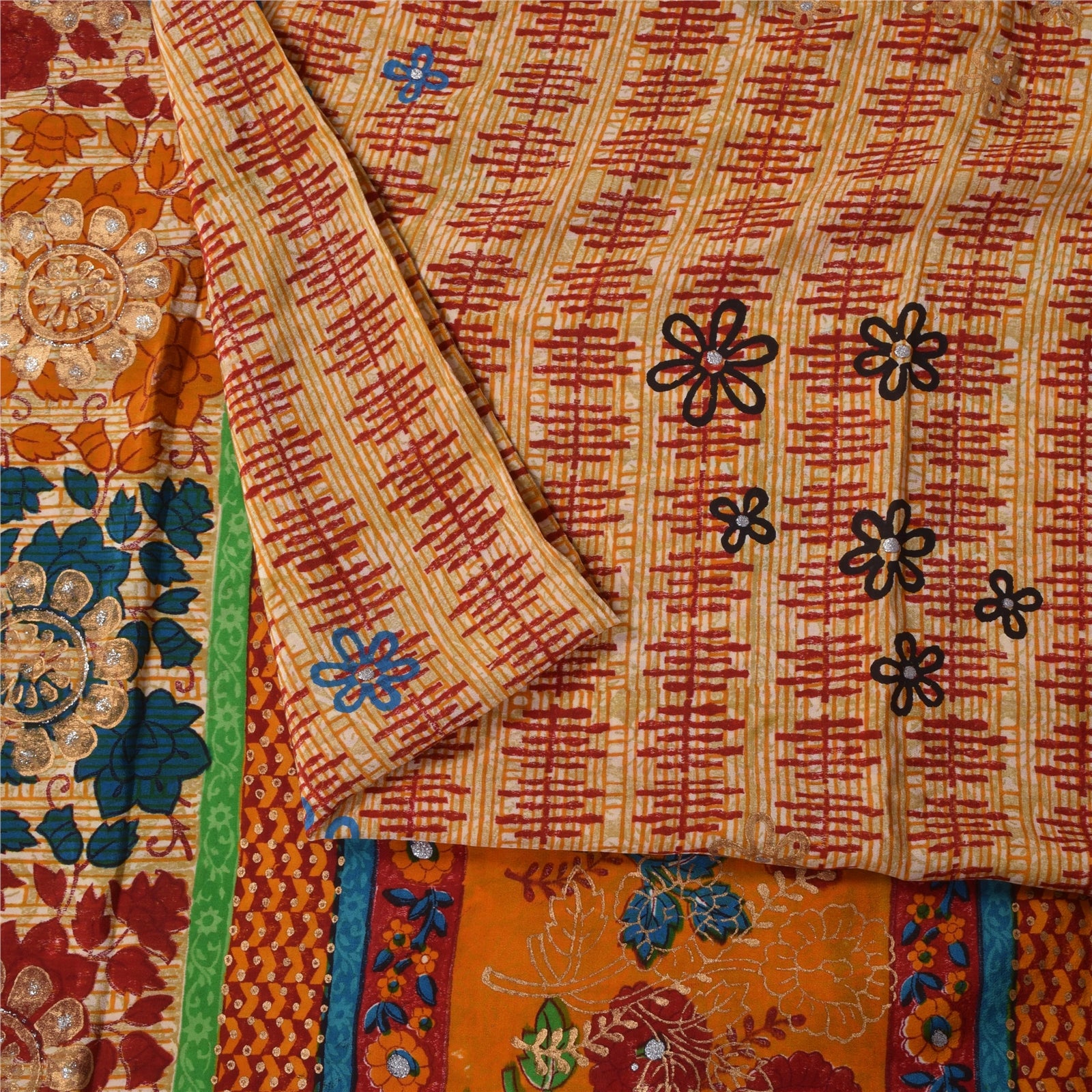 Sanskriti Vintage Sarees Cream Pure Crepe Silk Printed Sari 5+yd Craft Fabric