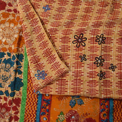 Sanskriti Vintage Sarees Cream Pure Crepe Silk Printed Sari 5+yd Craft Fabric