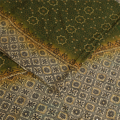 Sanskriti Vintage Sarees Green Pure Crepe Silk Printed Sari 5+yd Craft Fabric