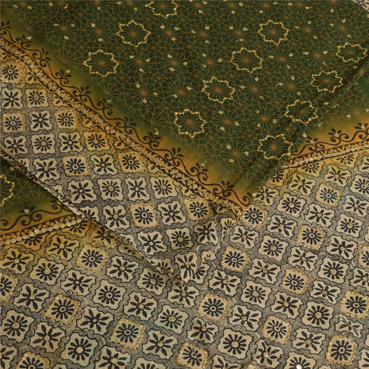 Sanskriti Vintage Sarees Green Pure Crepe Silk Printed Sari 5+yd Craft Fabric